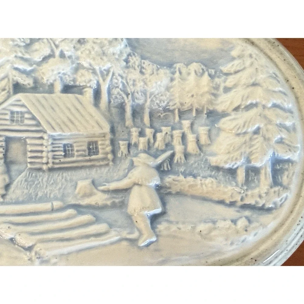 VTG Hershey Mold Trinket Box Jewelry Oval‎ Pioneers Log Cabin Ceramic 3D Signed